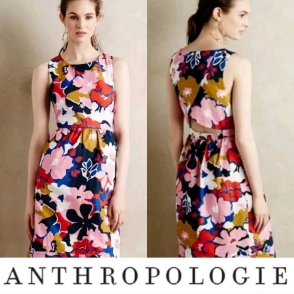 Anthropologie Whit Two Retro 60s 70s Mod Floral Print Open Back Dress 2